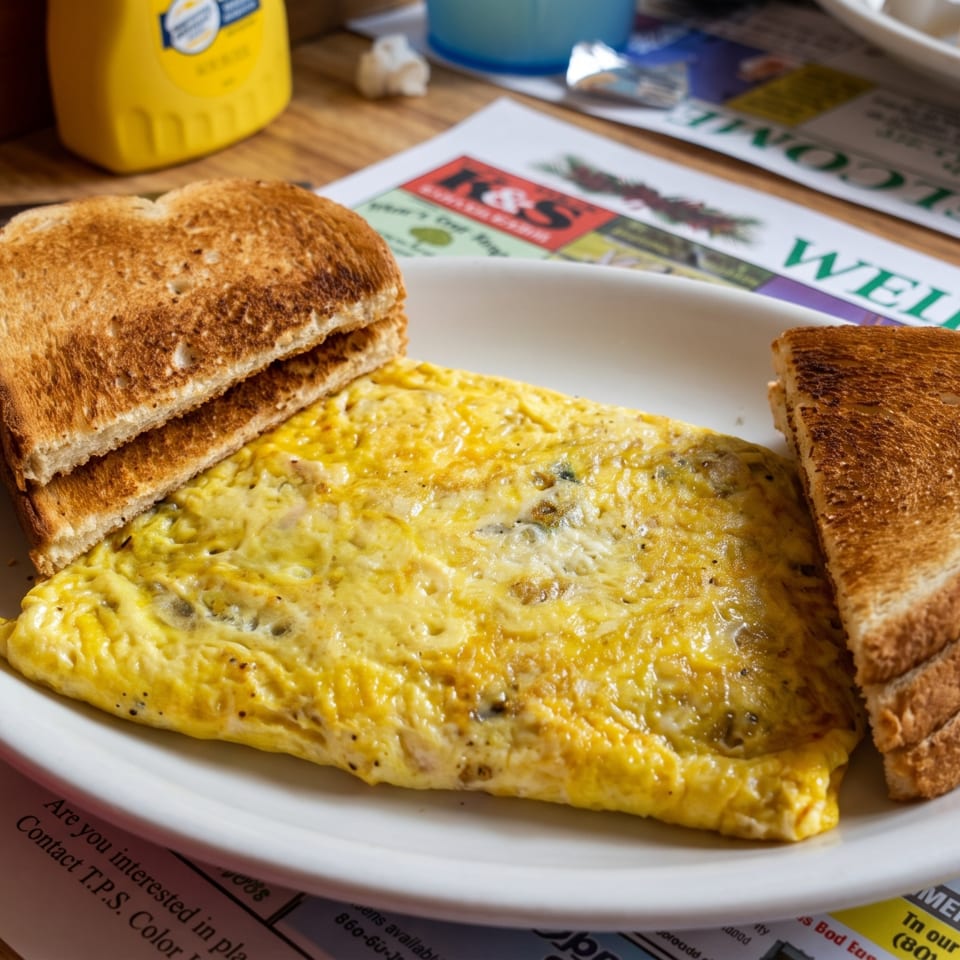 A fluffy omelet with two slices of toasted bread on a white plate, on a newspaper.