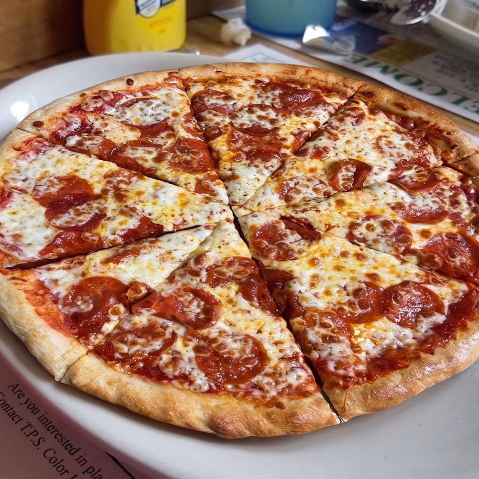 Pepperoni pizza sliced into wedges on a white plate atop a wooden restaurant table.