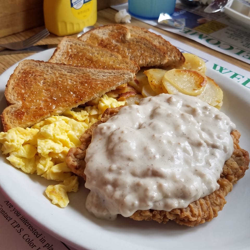A plate of chicken fried steak with gravy, scrambled eggs, home fries, and toast.
