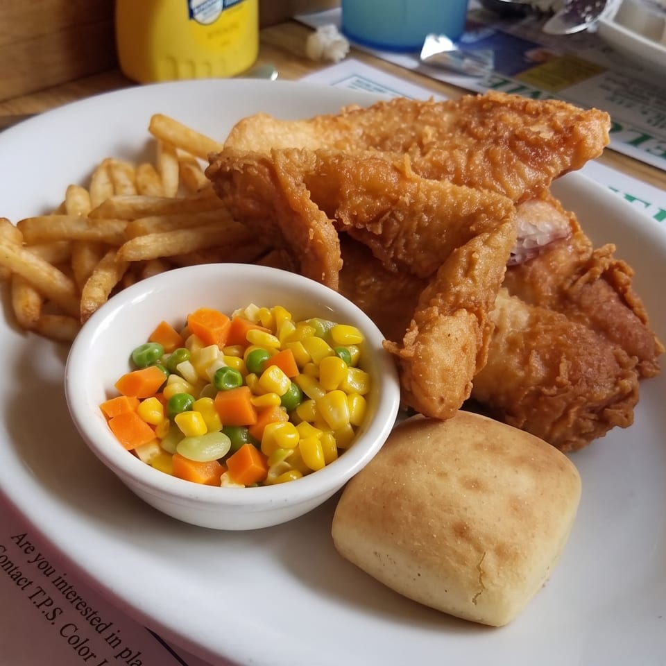 Fried chicken strips, french fries, mixed vegetables, and a biscuit on a white plate.