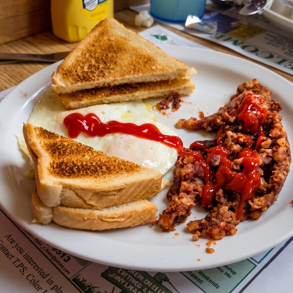 A diner breakfast with fried eggs, corned beef hash, toast, and ketchup on a white plate.