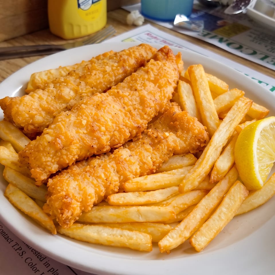 A plate of golden-brown fried fish and french fries with a lemon wedge on a placemat.